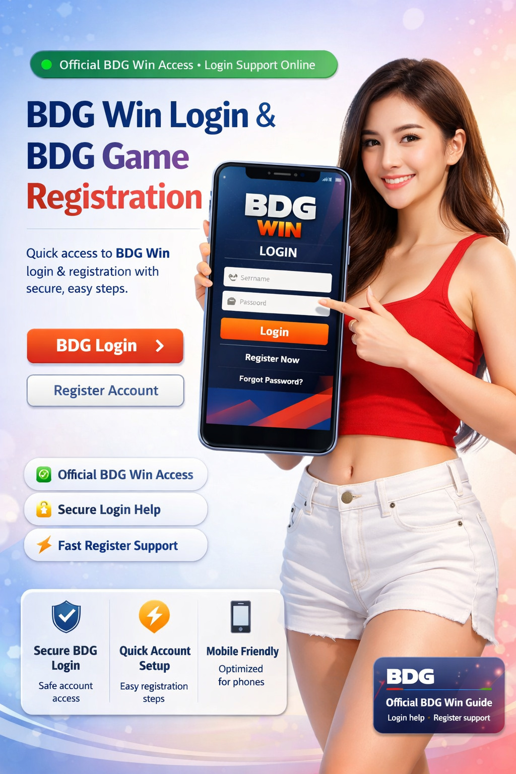 BDG Win model for login and registration support